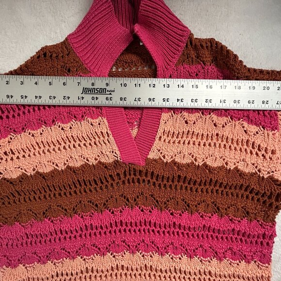 Zara Womens Crochet Knit Striped Sweater S-M Short Sleeve Pink Pullover New - Picture 5 of 7